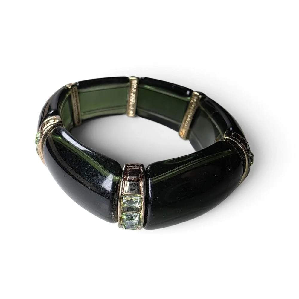 Vintage Olive Green Lucite Segmented Stretch Bracelet Gold Tone Crystal Accents